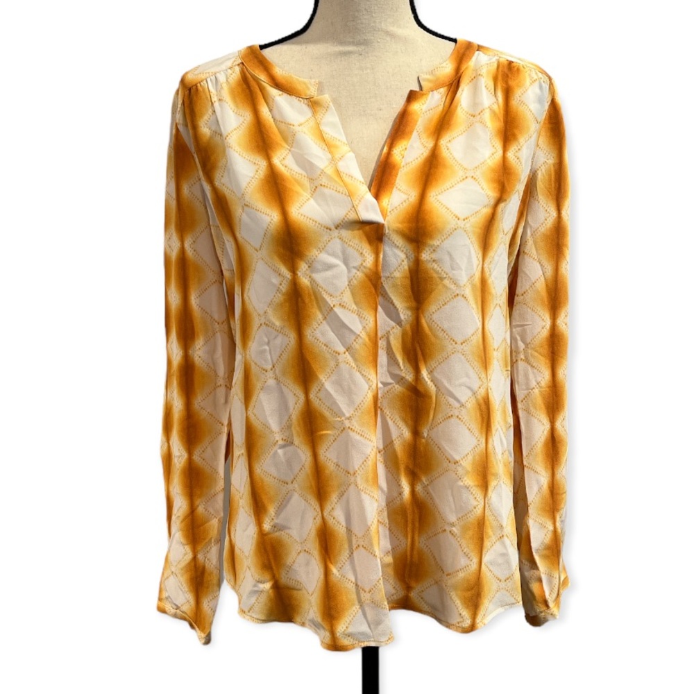 Ecru White & Yellow Patterned Silk Blouse